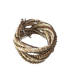 Vintage Brown Cream Beaded Cuff Bracelet Costume Jewelry